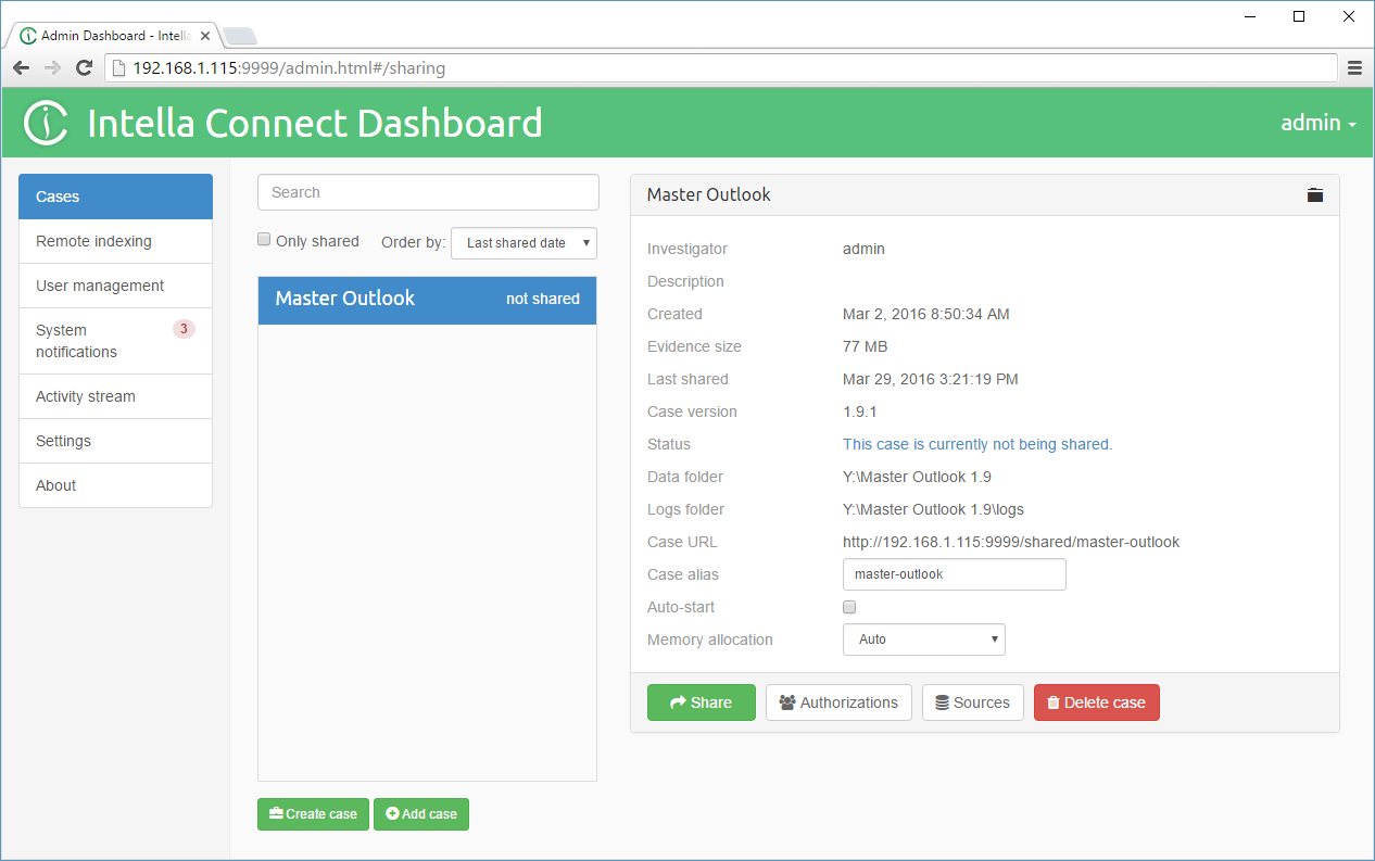 Intella Connect Dashboard