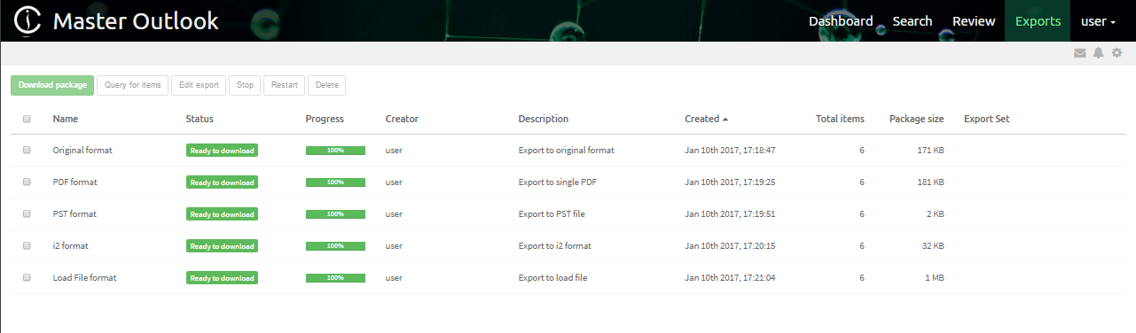 Exports view