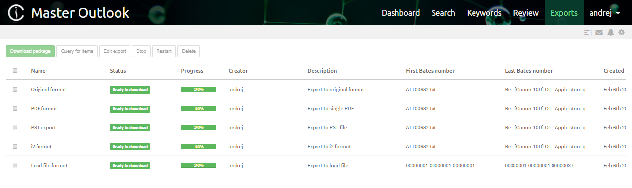 Exports view