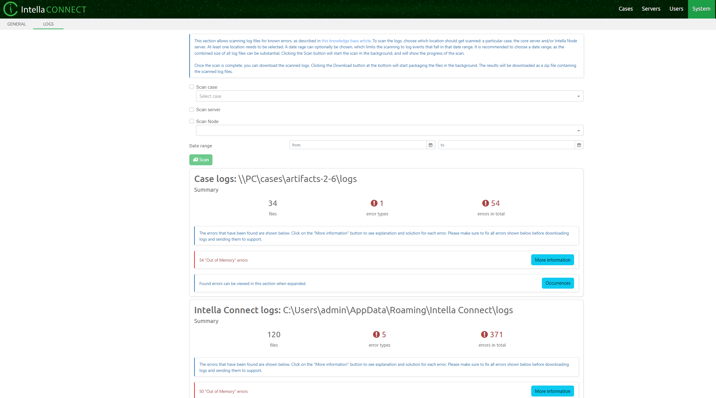 Scan and Download Logs