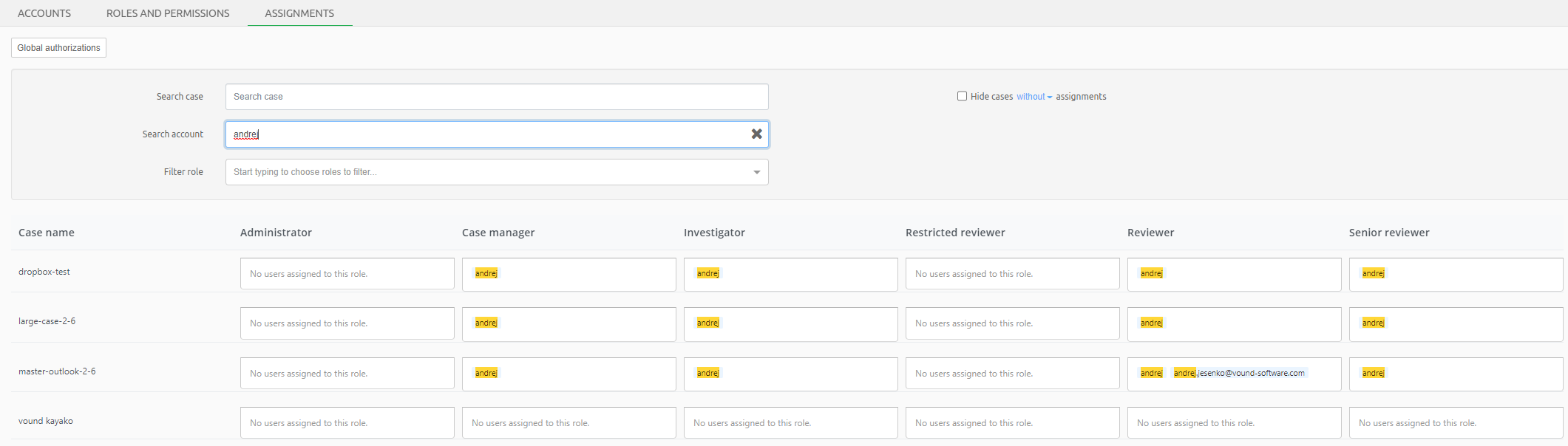 Assignments tab filter filter