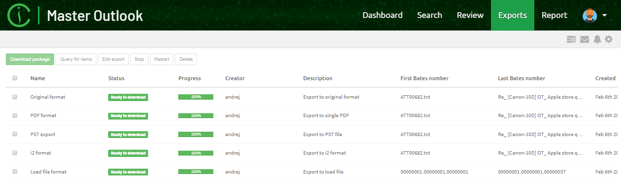 Export view
