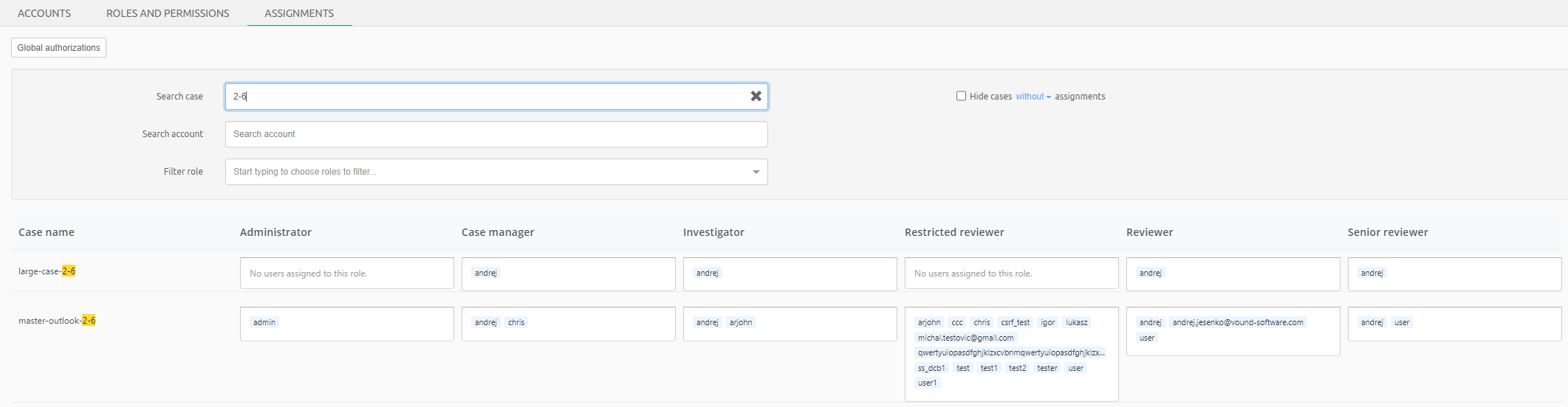 Assignments tab case filter