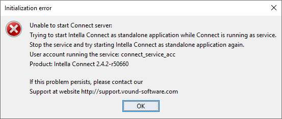 Dialog showing cannot start Intella Connect when running as a service