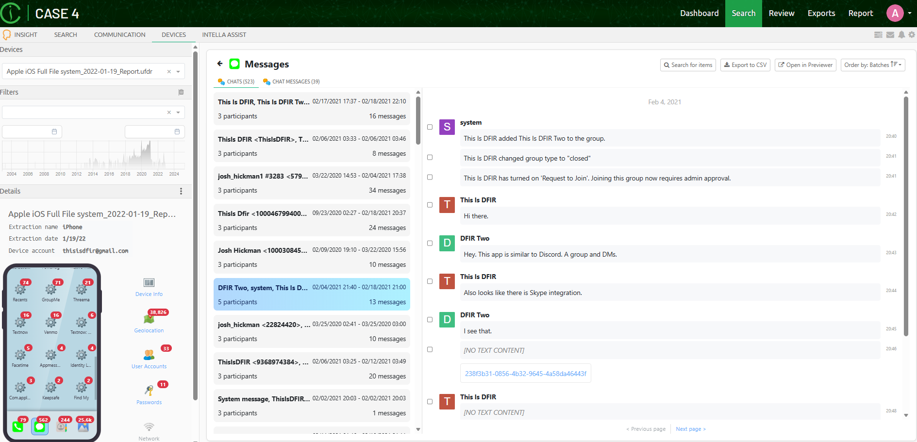 Devices view with results