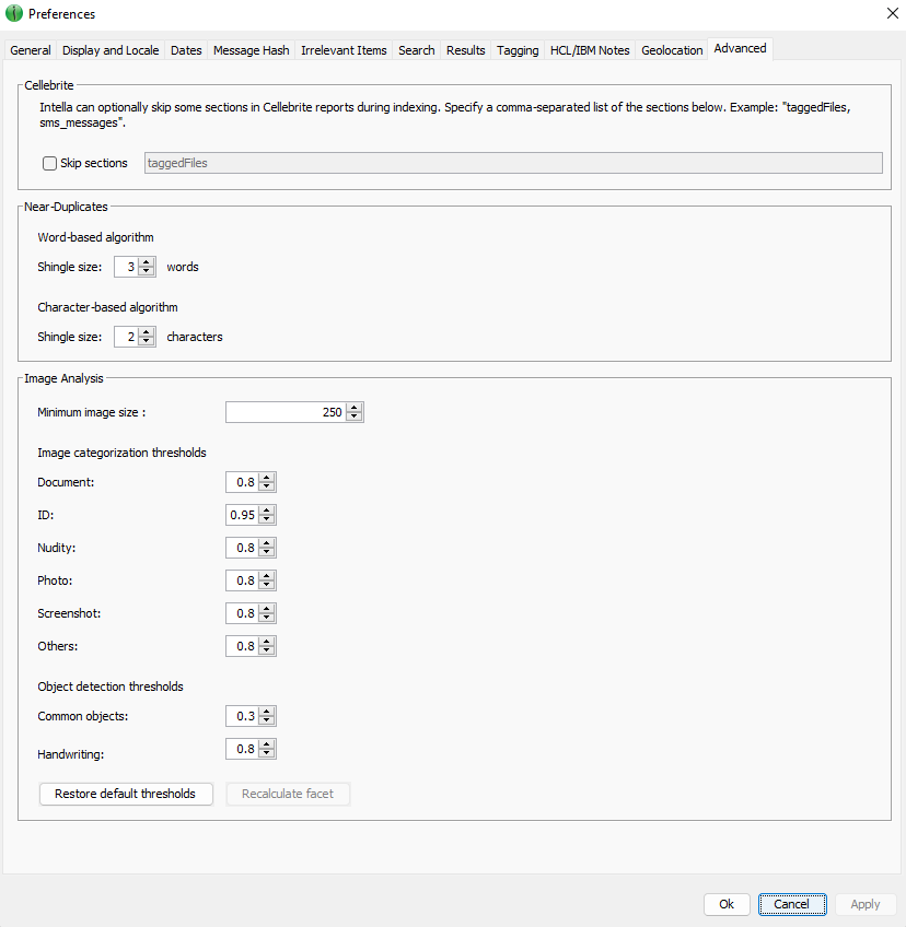 Advanced Indexing preferences