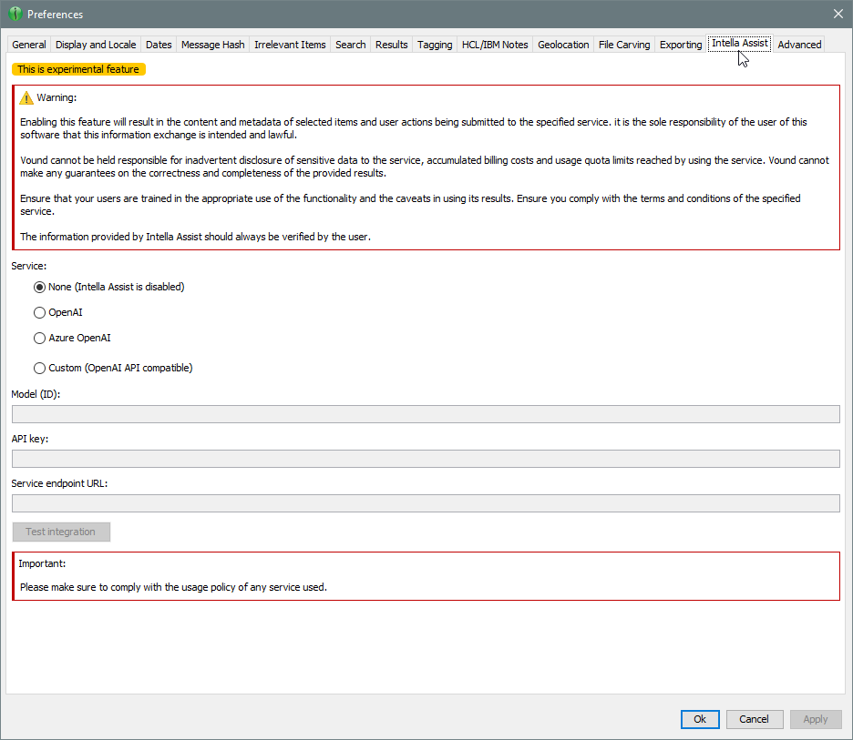 Intella Assist preferences
