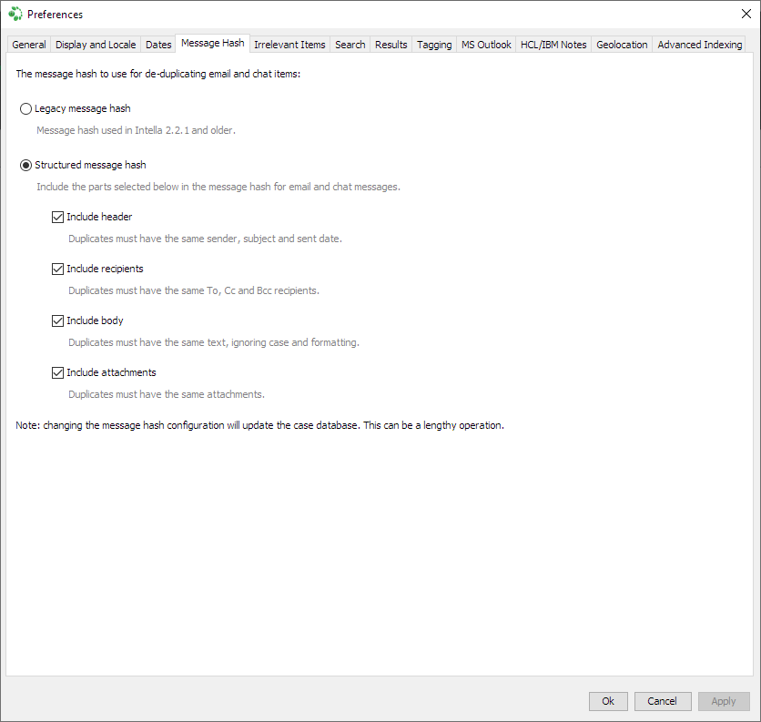 Message Hash preferences