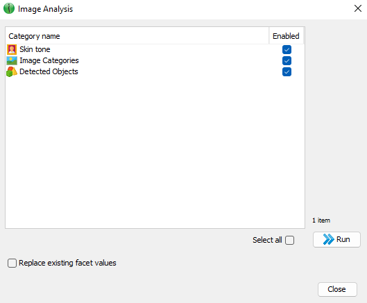 Image analysis dialog