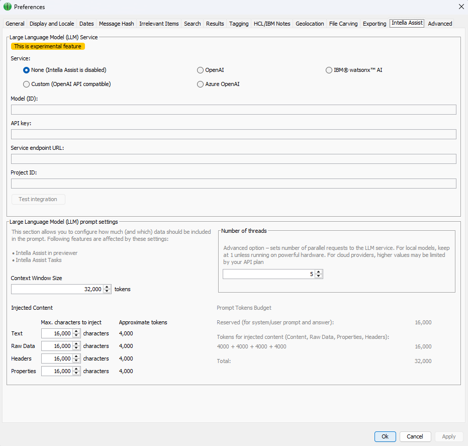 Intella Assist preferences