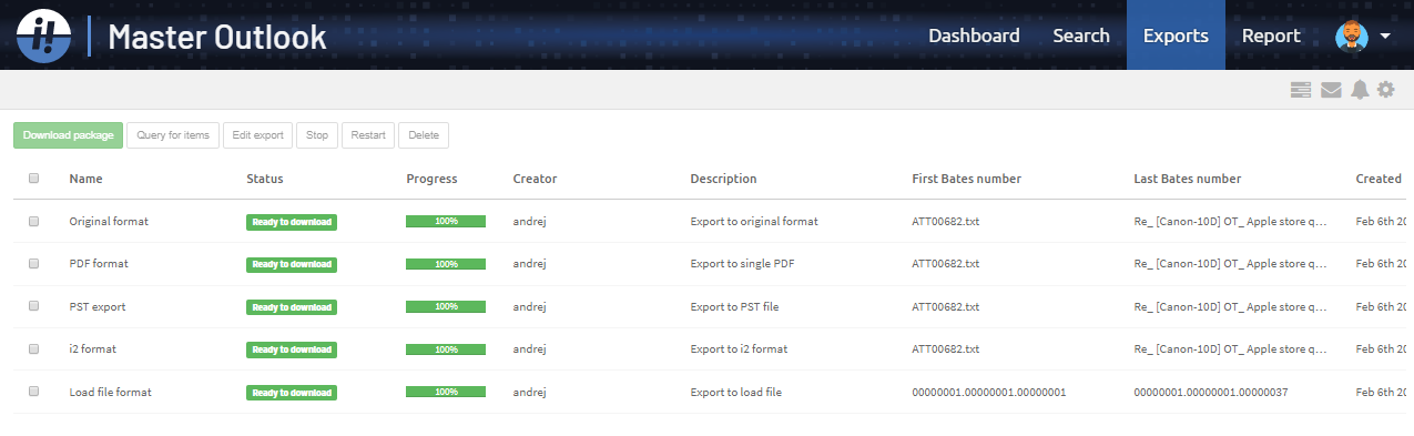 Export view
