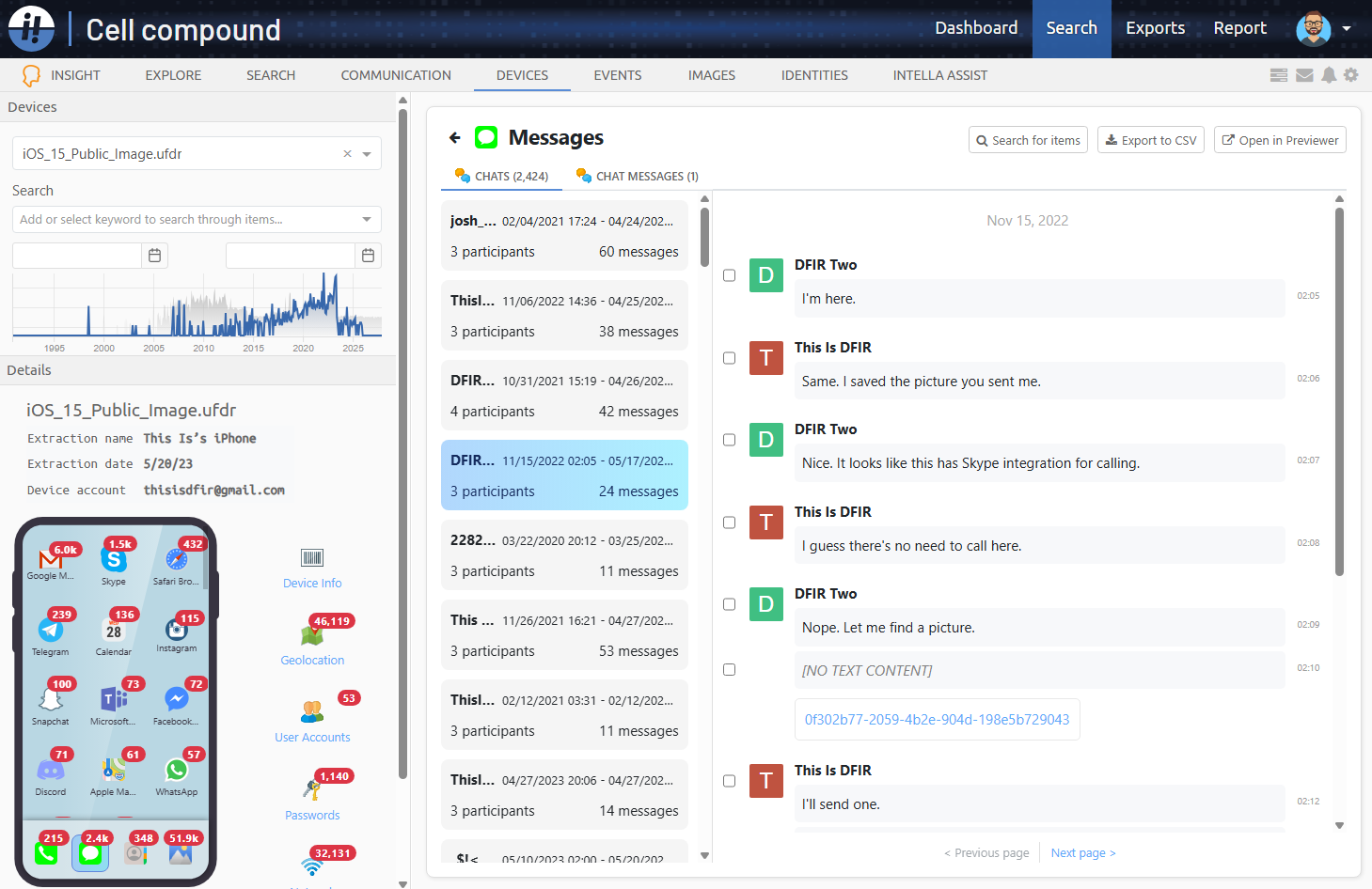 Devices view with results