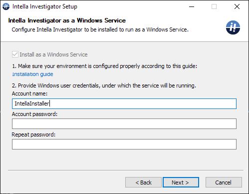 Intella Investigator as a Service Installer Step