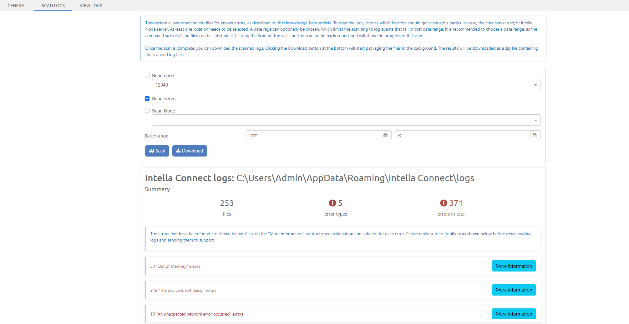 Scan and Download Logs